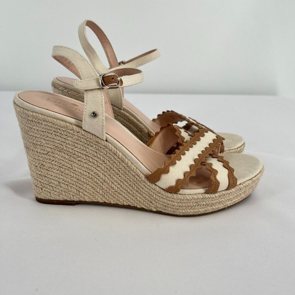 Kate Spade New York Wedge Espadrille Sandals Size 9.5 Beige Brown Leather RicRac